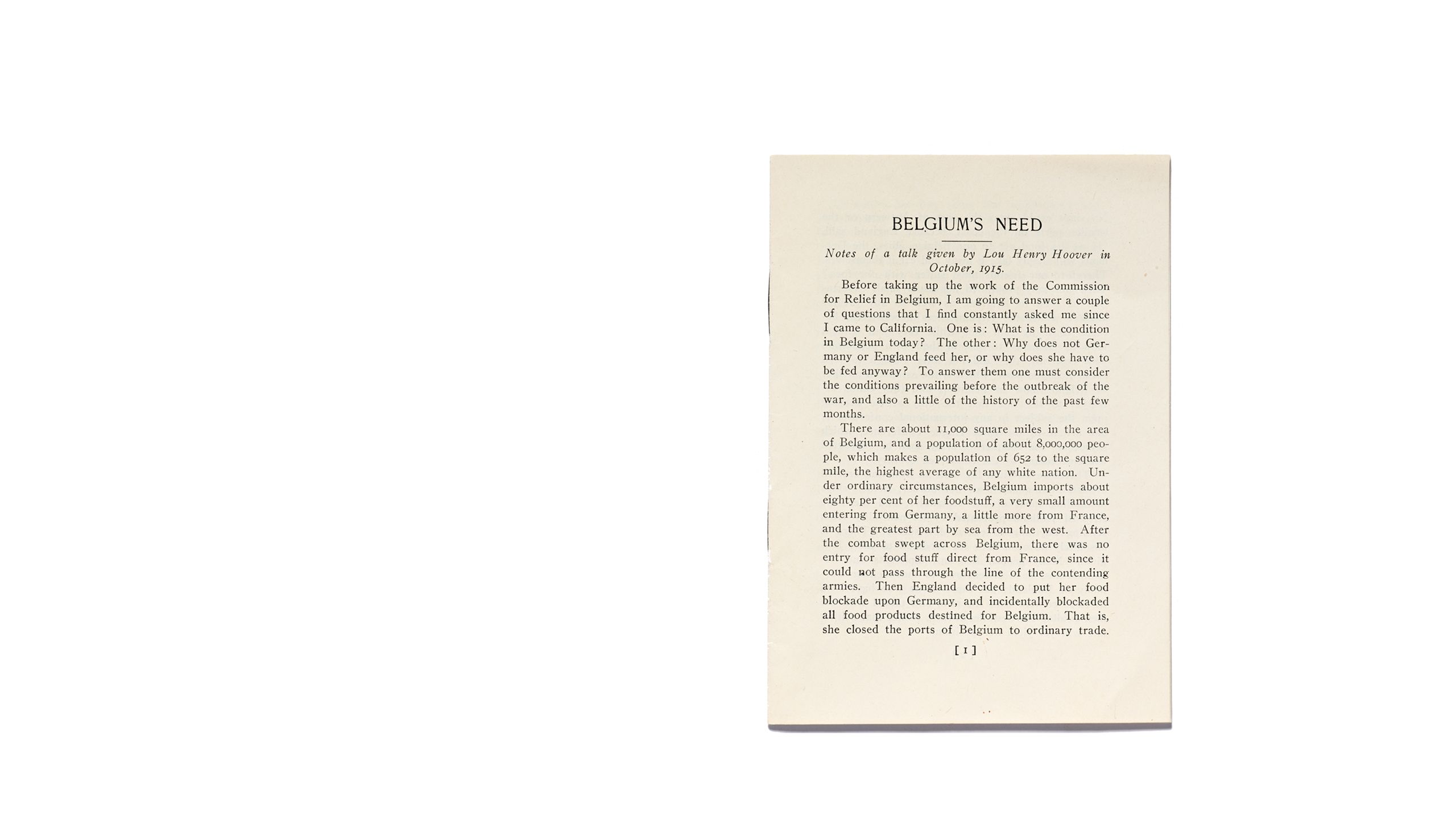 Photo of the cover of the pamphlet Belgium’s Need, Notes of a talk given by Lou Henry Hoover in October 1915. From the Commission for Relief in Belgium Records (1914–1930), at the Hoover Institution Archives