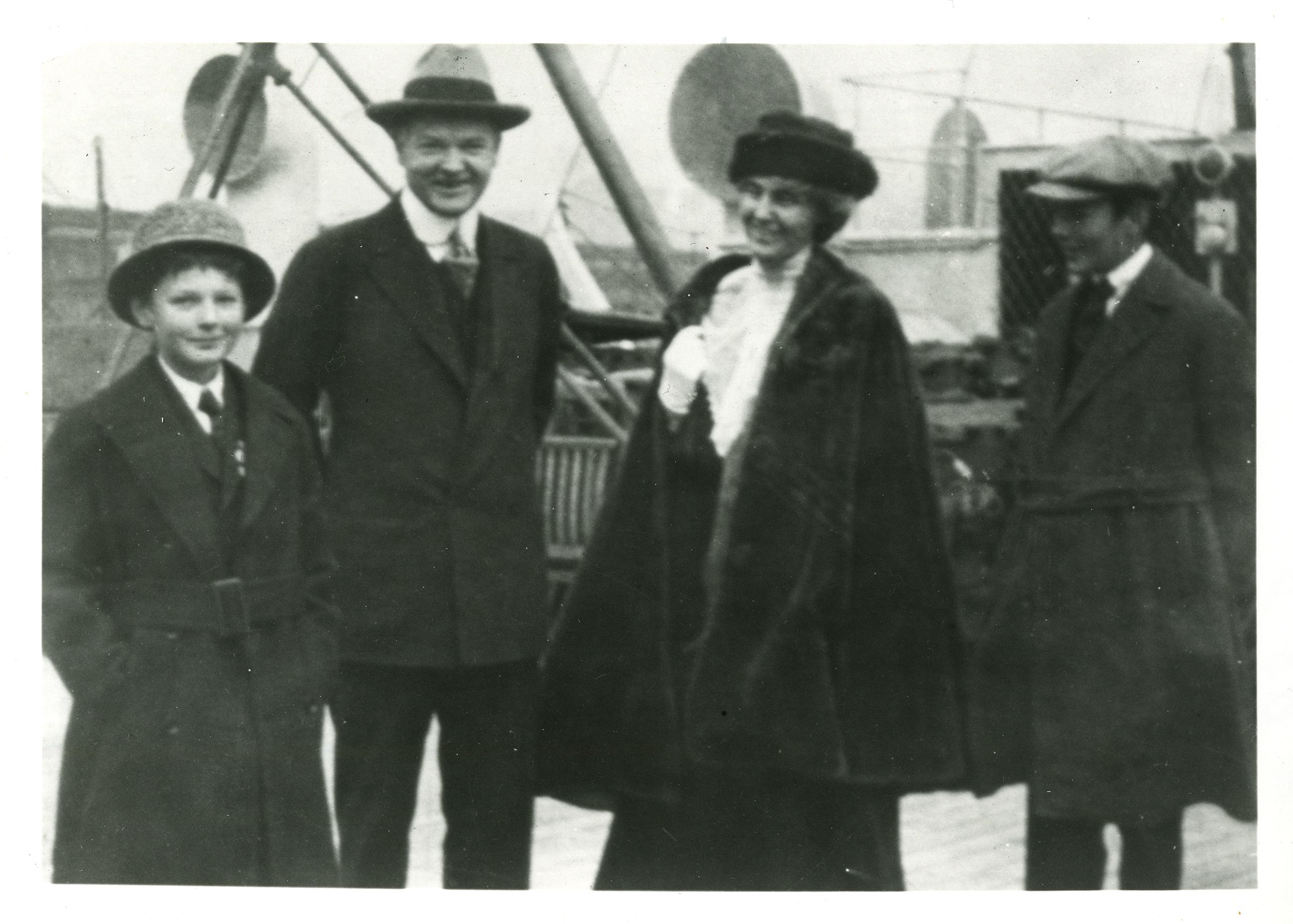 Photo of Herbert & Lou Henry Hoover with their sons about to depart London, 1917. From the Berton W. Crandall Photographs, at the Hoover Institution Archives