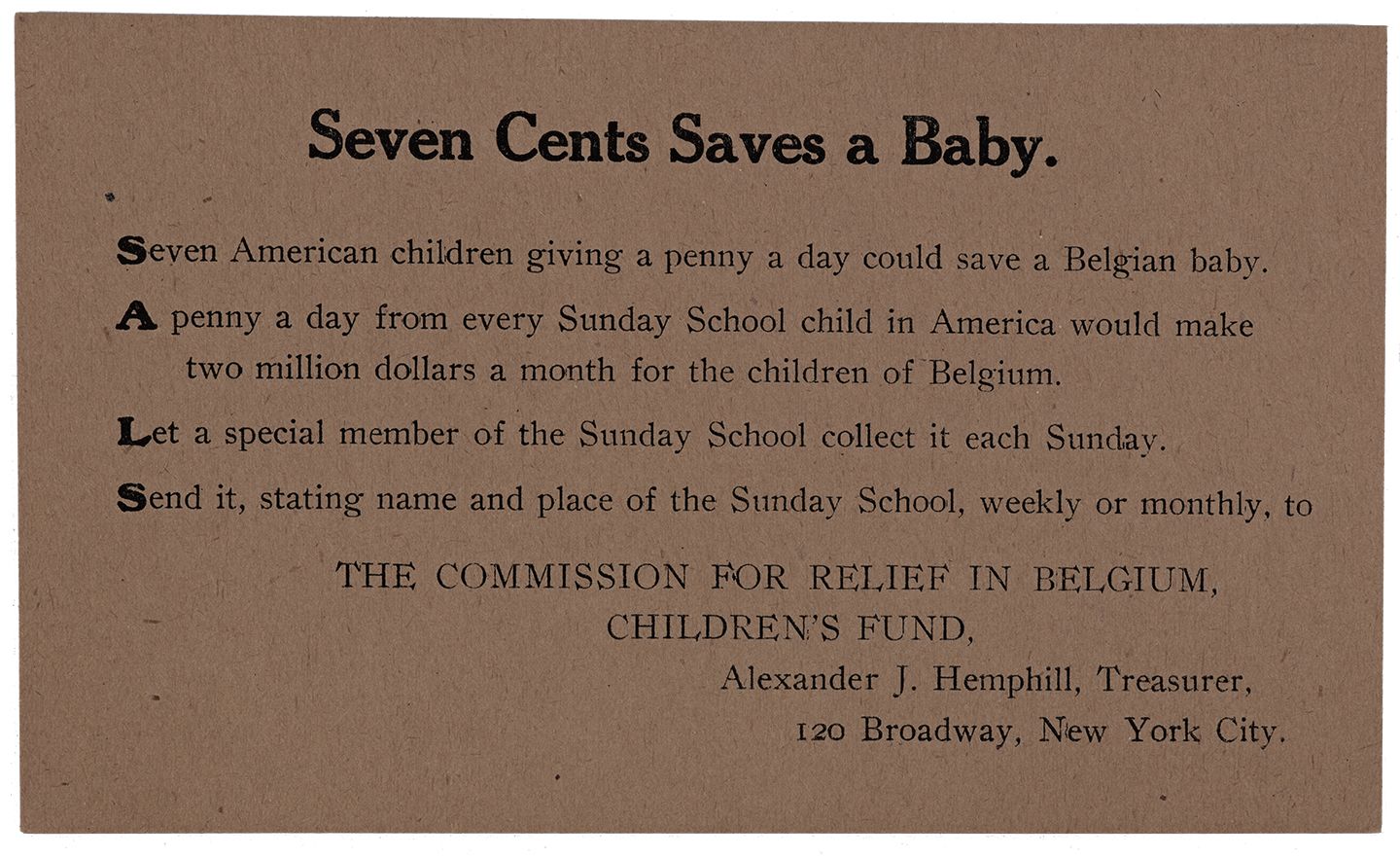 Photograph of a CRB Children's Fund fundraising card, circa 1915. From the Commission for Relief in Belgium Records (1914–1930), at the Hoover Institution Archives