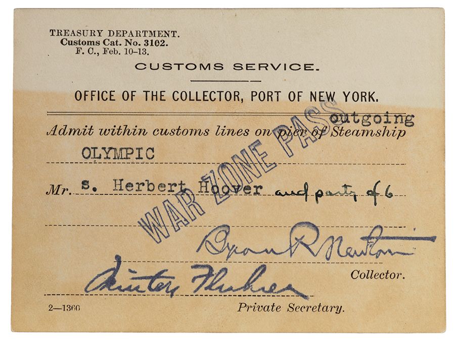 Photograph of a War Zone Pass, Mrs. Herbert Hoover and party of six, 1918. From the Lou Henry Hoover Miscellaneous Papers, at the Hoover Institution Archives