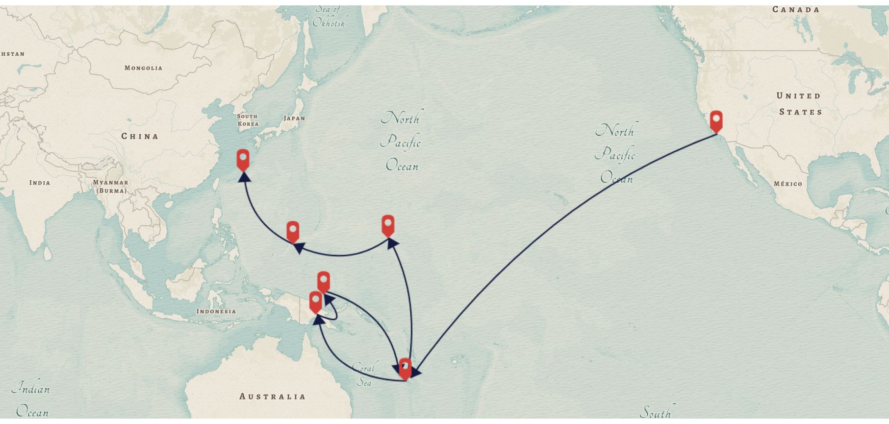Map of Natale Bellantoni's journey through the Pacific Theater of World War II.
