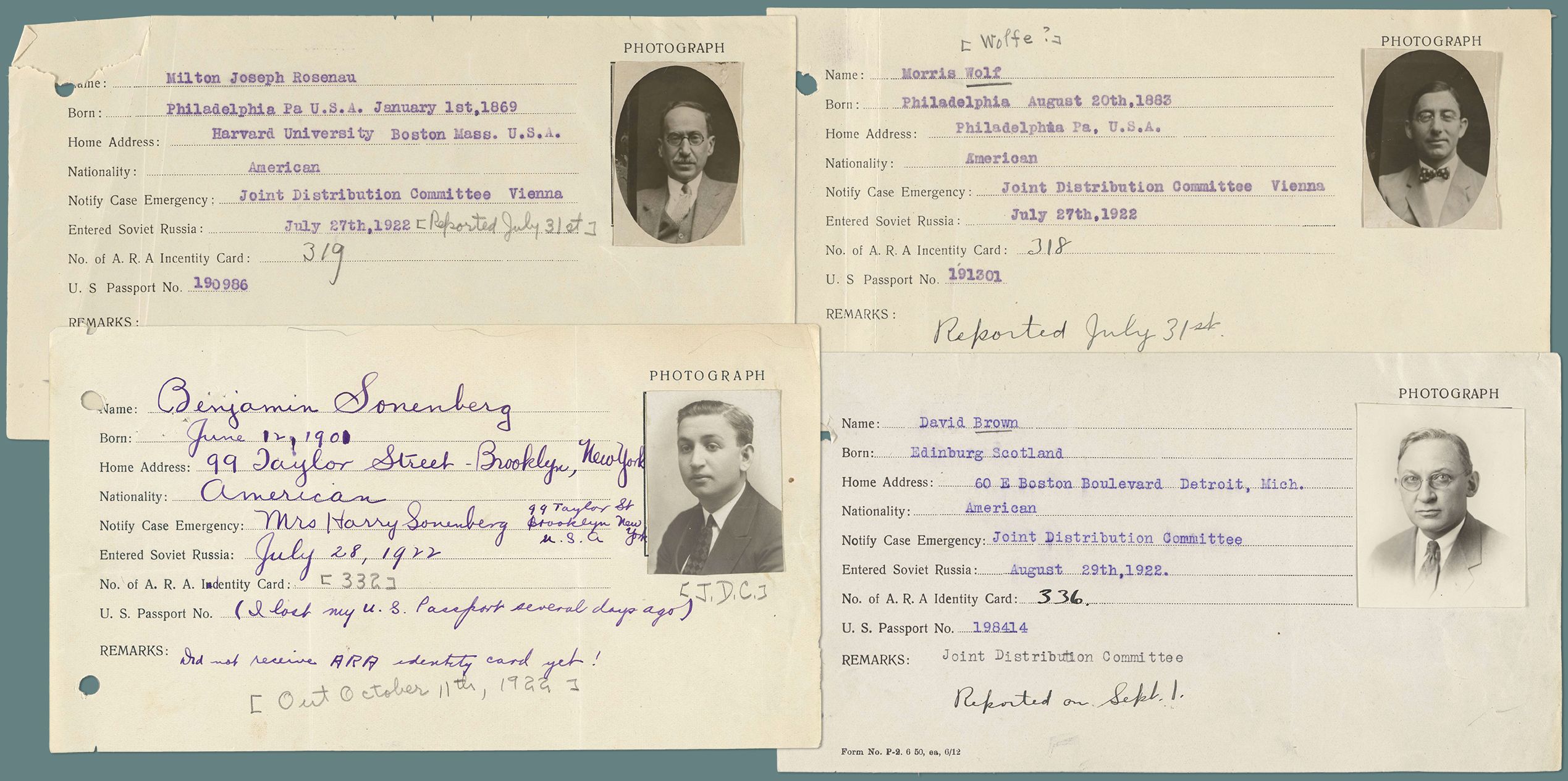 Collage of some ARA personnel records for four American Jewish Joint Distribution Committee members who were issued ARA Identity cards in Russia which include photographs