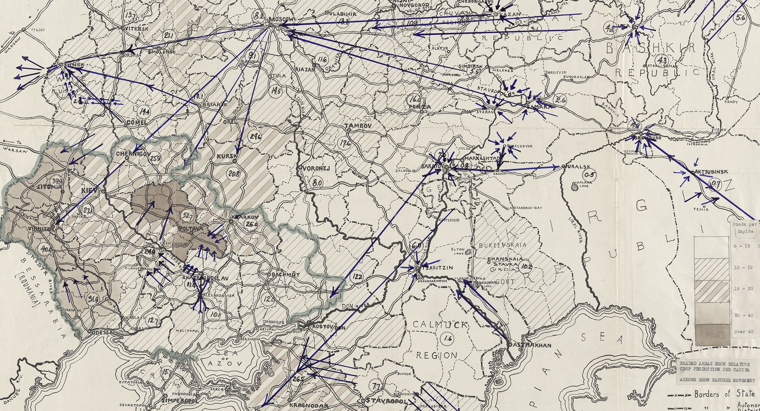 Detail of Map of Russia Showing Refugee Movements by the ARA based on “Soviet Government Statistics,” circa 1923. 