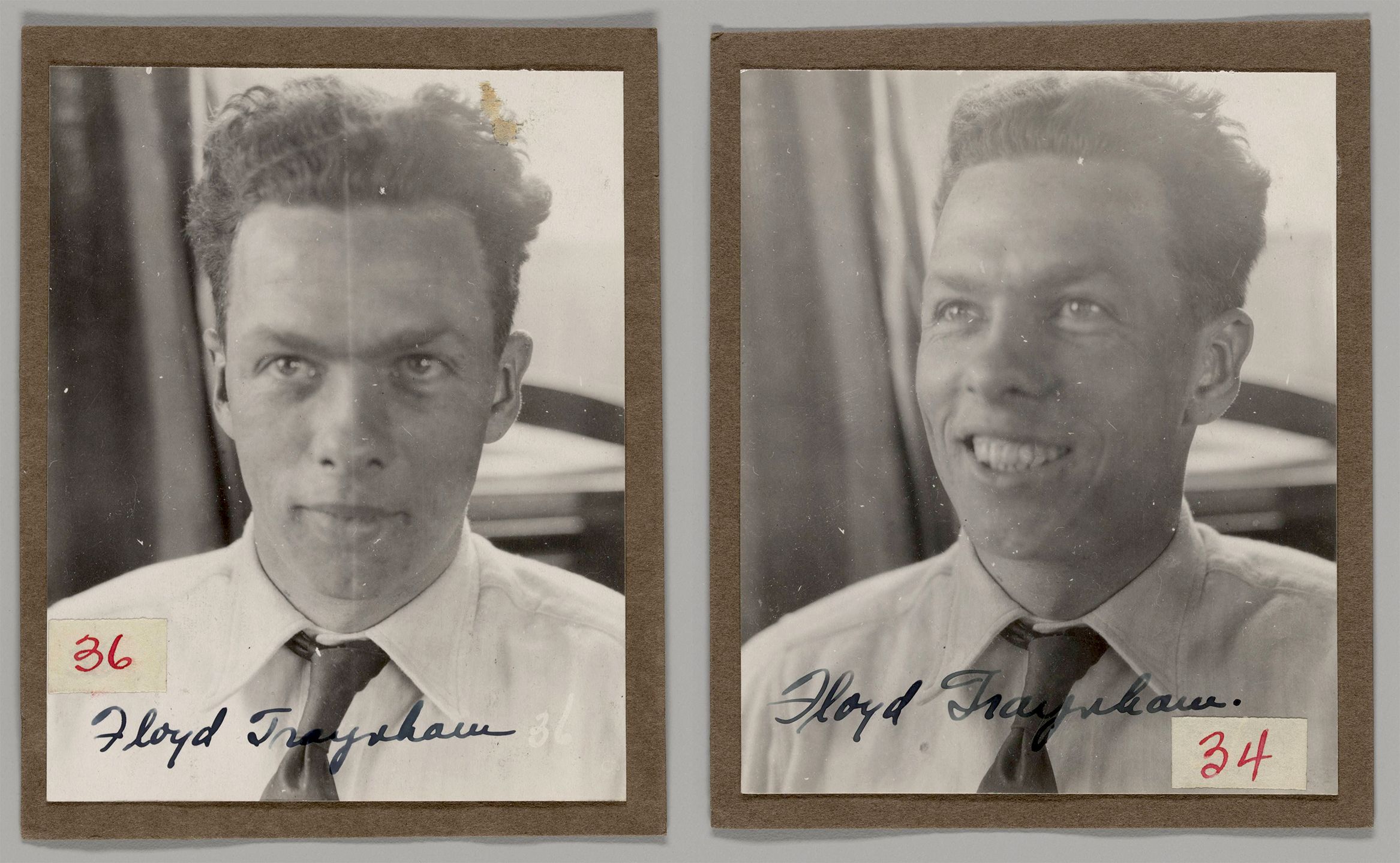 Two black and white photographs of Floyd Traynham next to each other on gray background.