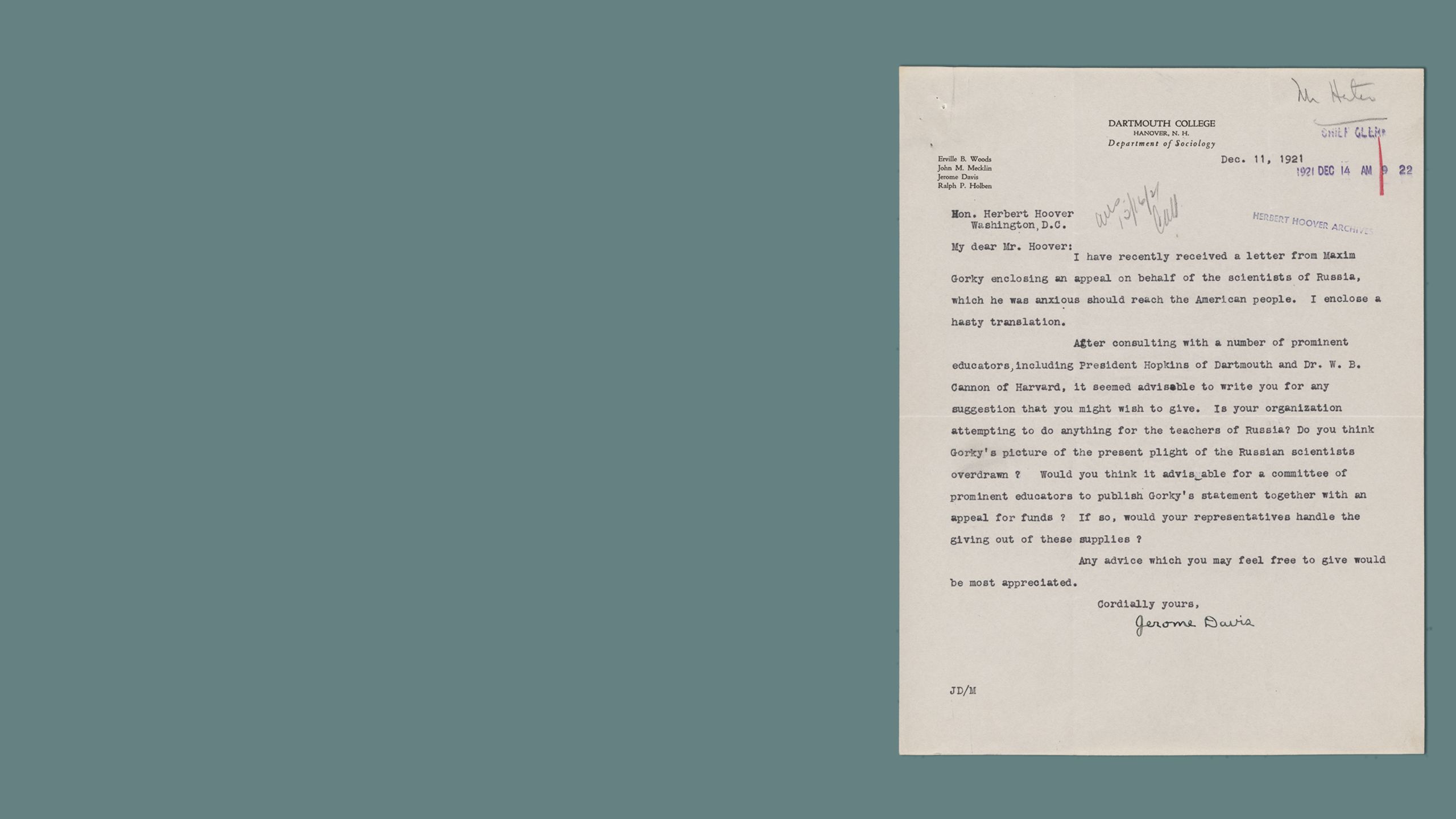 Letter from Jerome Davis to Herbert Hoover on a background of blueish green.