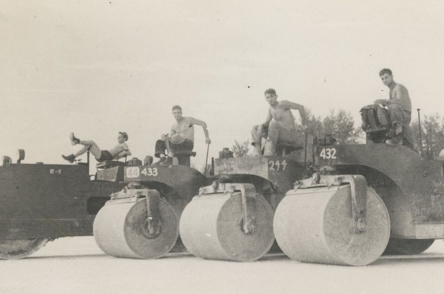 Four Rollers - Ponam Airstrip, Ginsberg, "Horse" Hulett, Cassale [Note on back], by William S. Snell, 1944.