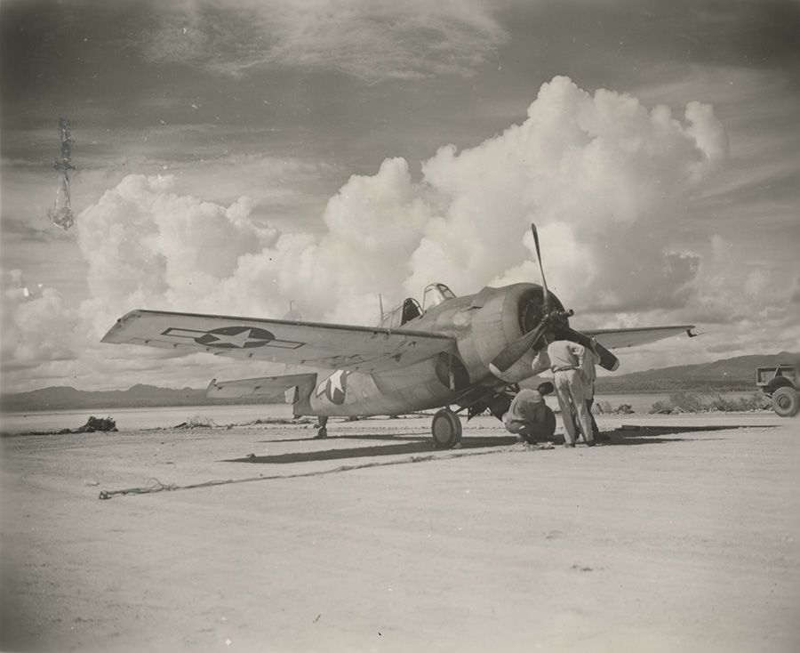 The first airplane to land on the Ponam airstrip, 1944.