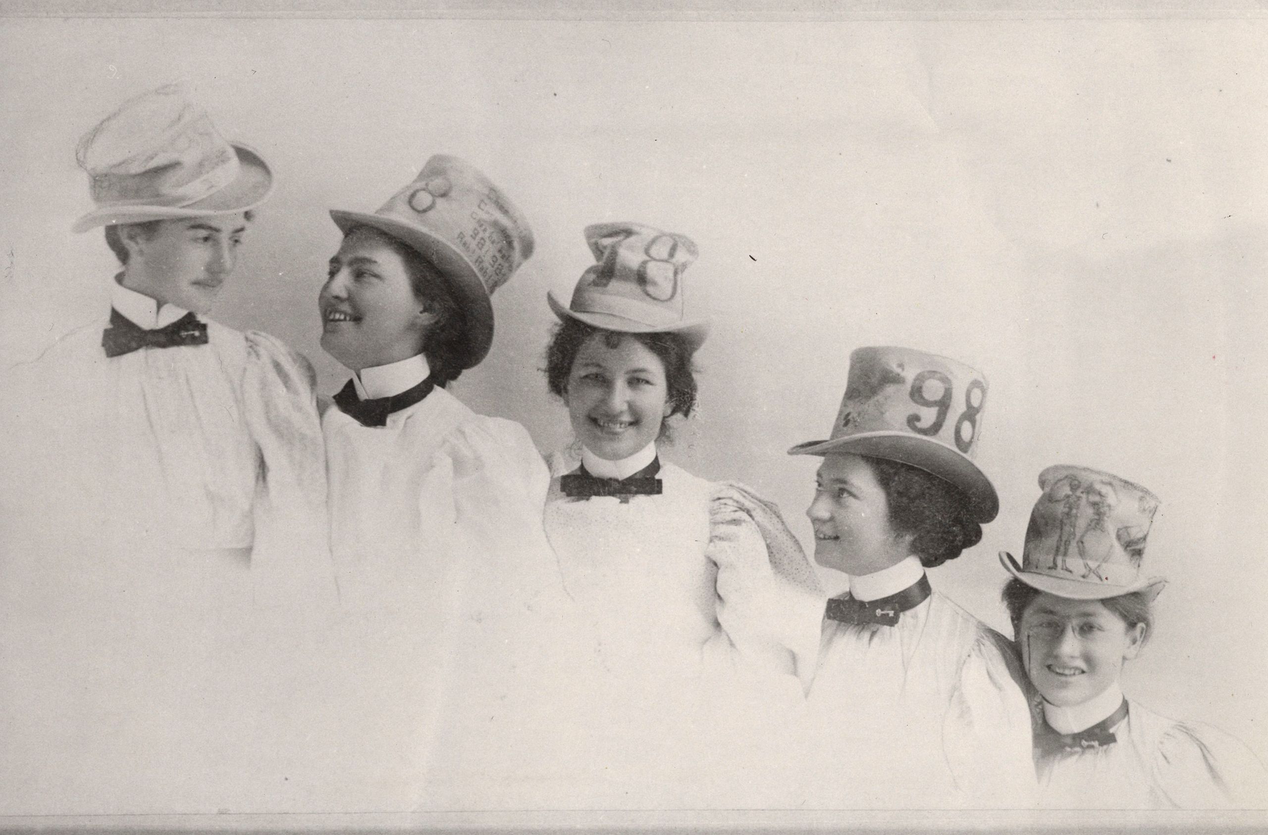Photograph of Lou Henry Hoover (second from left) in class hat, 1898. From the Thomas Williams Collection, at the Hoover Institution Archives