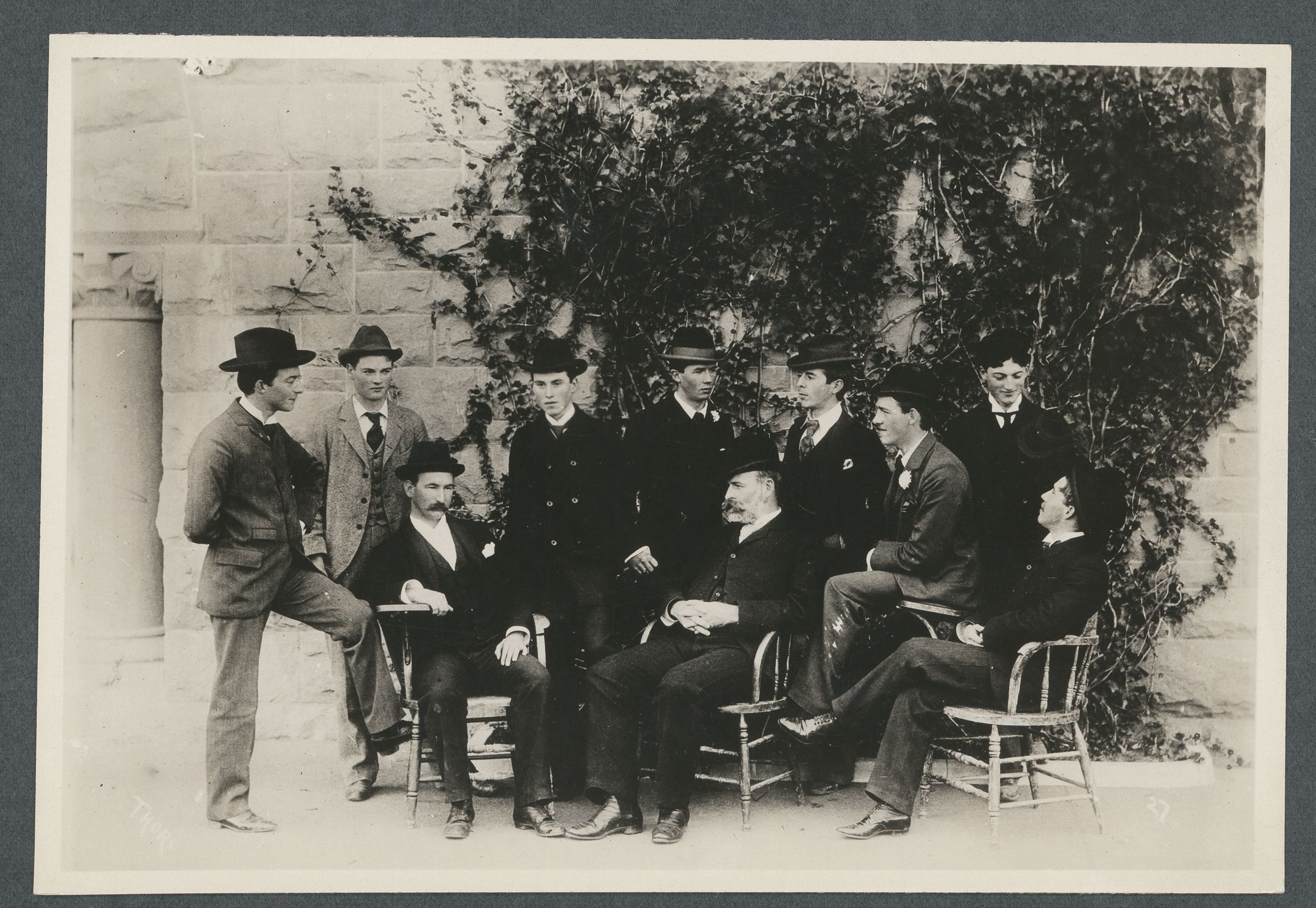 Photograph of Herbert Hoover (second from left) and the first graduating class of geologists, with their professor John C. Branner seated center (gray beard), 1894. From the Berton W. Crandall Photographs, Hoover Institution Archives