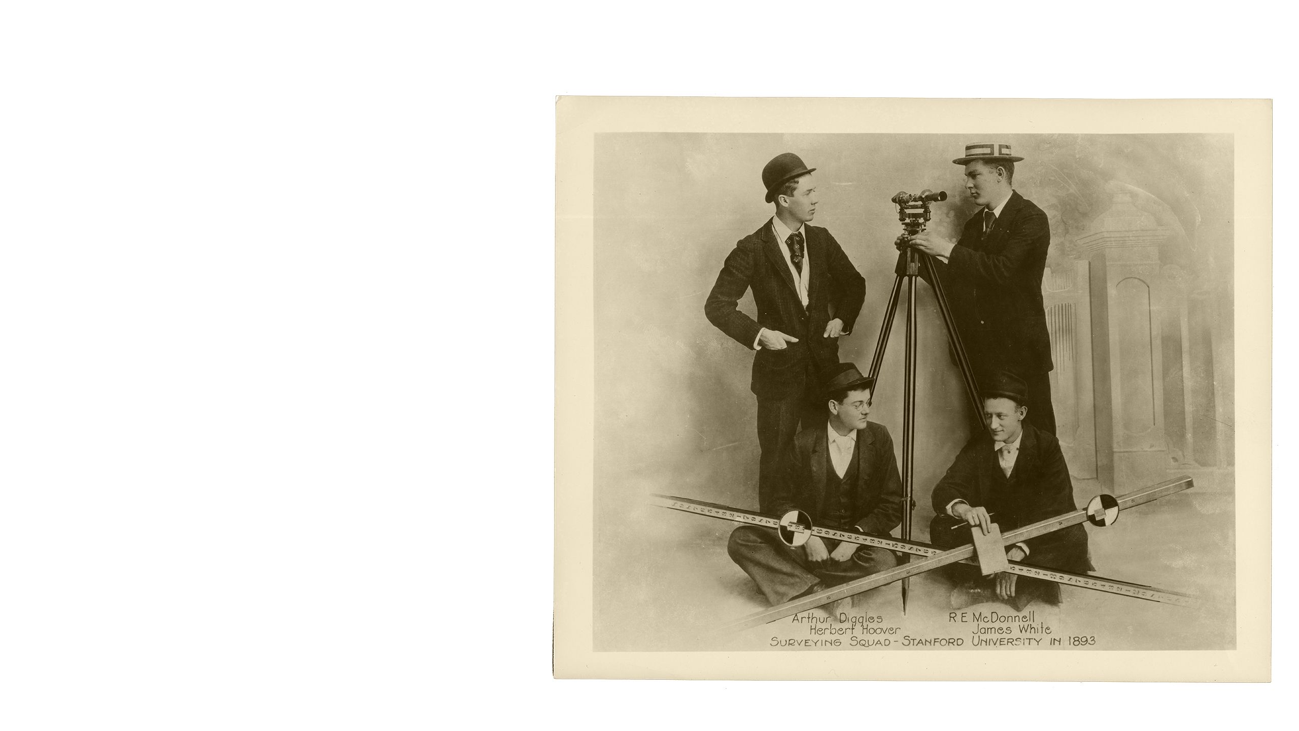 Photograph of Herbert Hoover (bottom left) and the Stanford Surveying Squad, 1893. From the Berton W. Crandall Photographs, at the Hoover Institution Archives