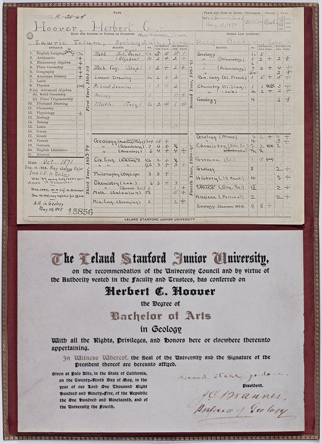 Photograph of At Top: Herbert Hoover's Stanford Transcript. Bottom: Herbert Hoover's Stanford Diploma, 1895. From the Herbert Hoover Subject Collection, at the Hoover Institution Archives