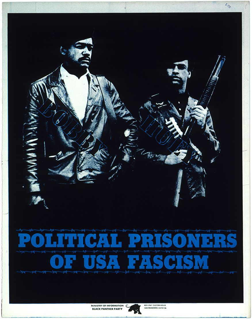 Poster depicting Bobby Seale and Huey Newton, with text that reads "Political Prisoners of USA Fascism," issued by the Black Panther Party, circa 1968, Poster Collection, US 8129, Hoover Institution Archives