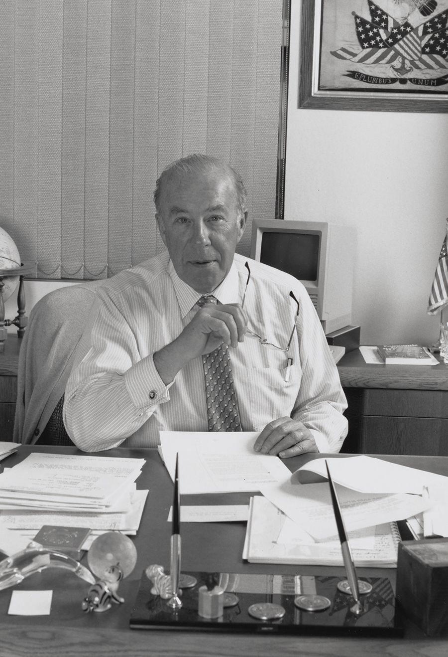 Photograph of Secretary of State George P. Shultz, circa 1990. From the Hoover Institution on War, Revolution and Peace Records, Hoover Institution Archives.