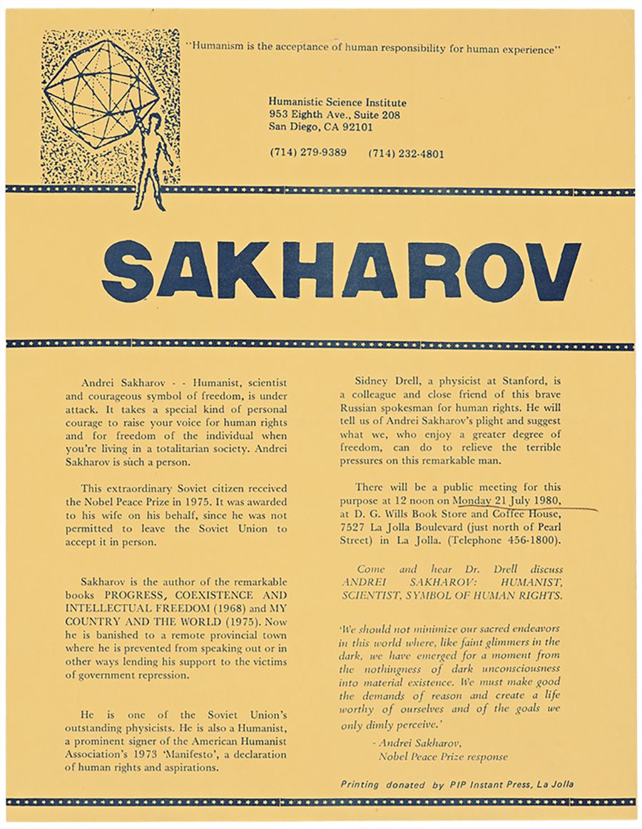 Andrei Sakharov: Humanist, Scientist, Symbol of Human Rights, July 21, 1980. From the Sidney D. Drell Papers, Hoover Institution Archives.