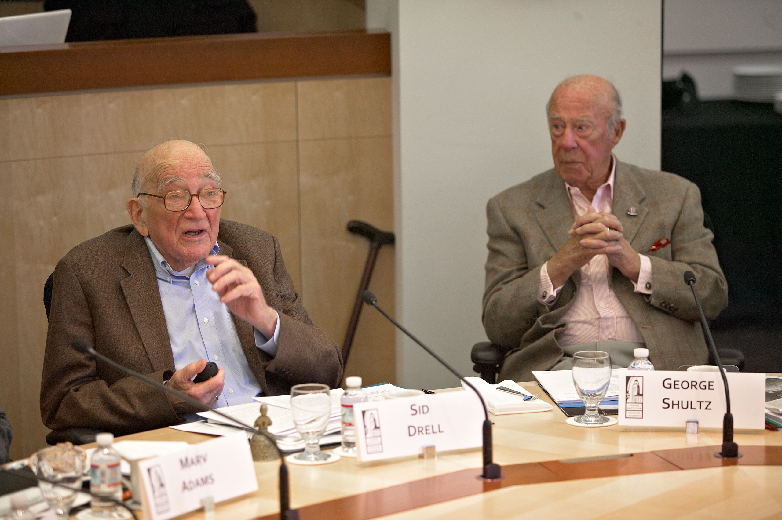 Sidney Drell and George Shultz at the Nuclear Enterprise Conference, October 3, 2011. Hoover Institution.