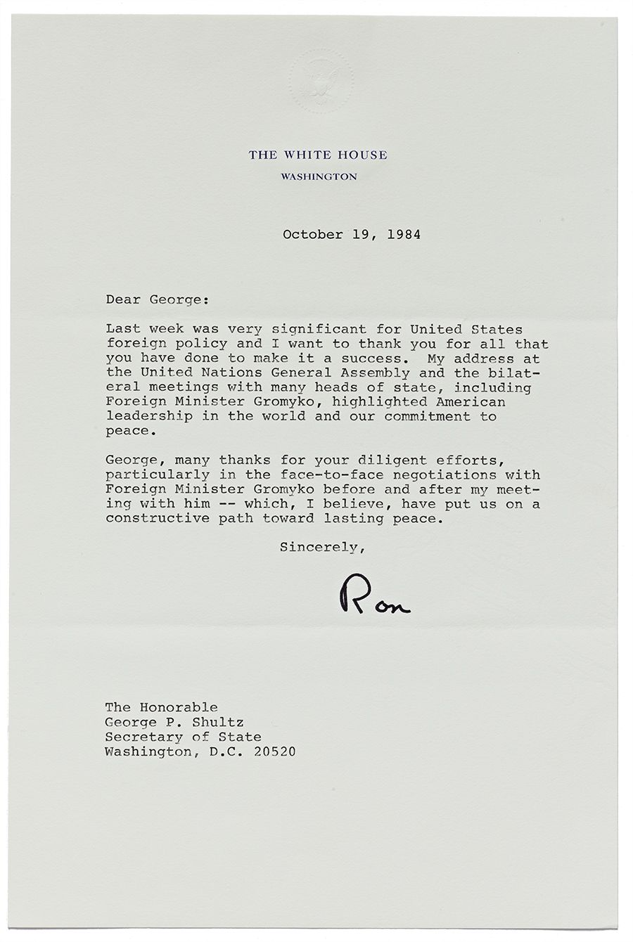Letter from Ronald Reagan to George P. Shultz, October 19, 1984. From the George Pratt Shultz Papers, Hoover Institution Archives.