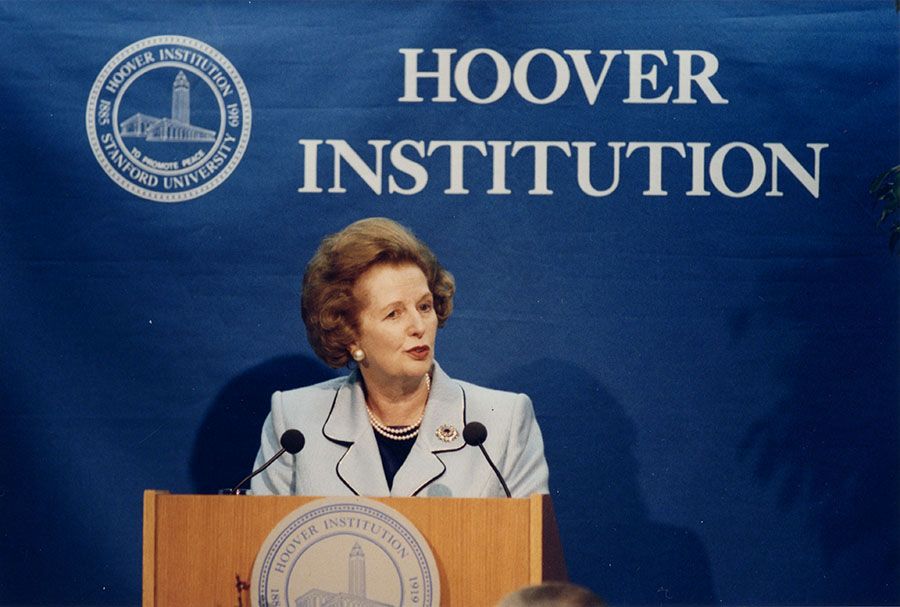 Photograph of Margaret Thatcher visiting the Hoover Institution from March 22, 1993. Hoover Institution on War, Revolution and Peace Records, Hoover Institution Archives.