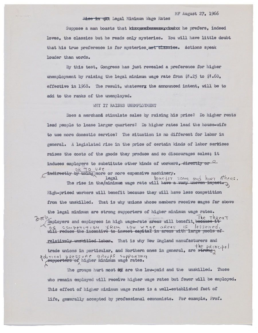 Legal Minimum Wage Rates article drafts by Milton Friedman from 1966. From the Milton Friedman Papers, Hoover Institution Archives.
