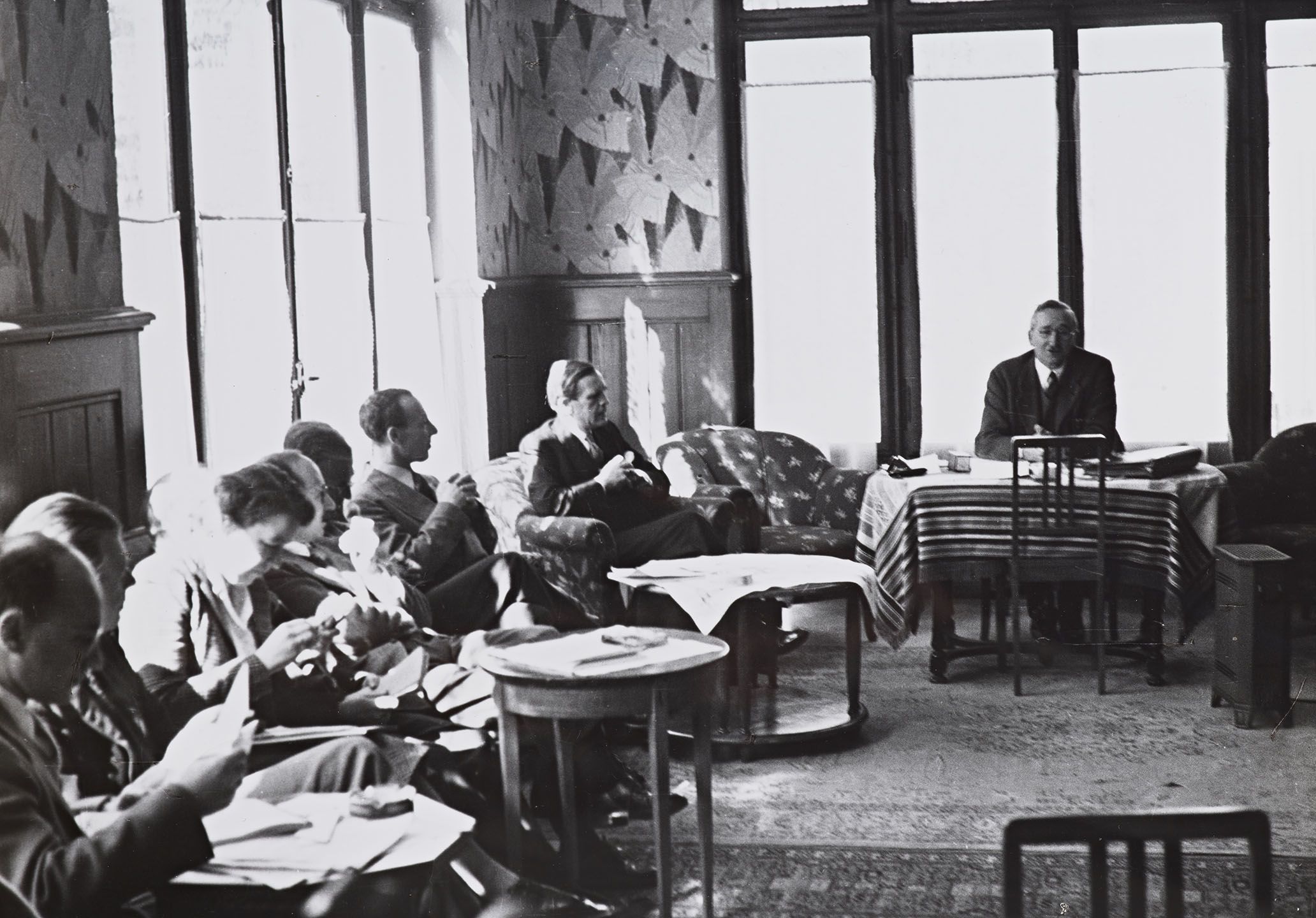 Photograph of Friedrich von Hayek addressing the first meeting of the Mont Pelerin Society in 1947. From the Mont Pelerin Society Records, Hoover Institution Archives.