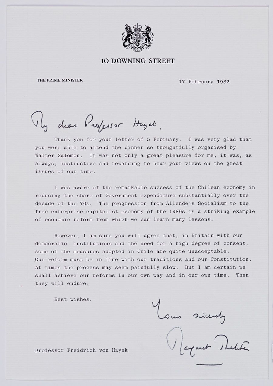 Letter from Margaret Thatcher to Friedrich von Hayek from February 17, 1982. From the Friedrich A. von Hayek Papers, Hoover Institution Archives.