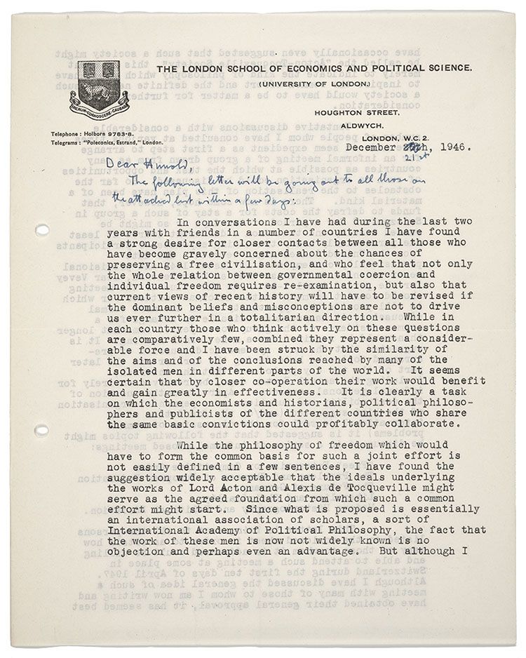 Letter from Friedrich von Hayek to Future Members of the Mont Pelerin Society from December 21, 1946. From the Mont Pelerin Society Records, Hoover Institution Archives.