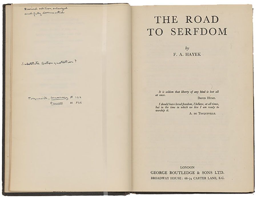 The Road to Serfdom Final Proof with Annotations by Friedrich von Hayek from 1944. From the Friedrich A. von Hayek Papers, Hoover Institution Archives.