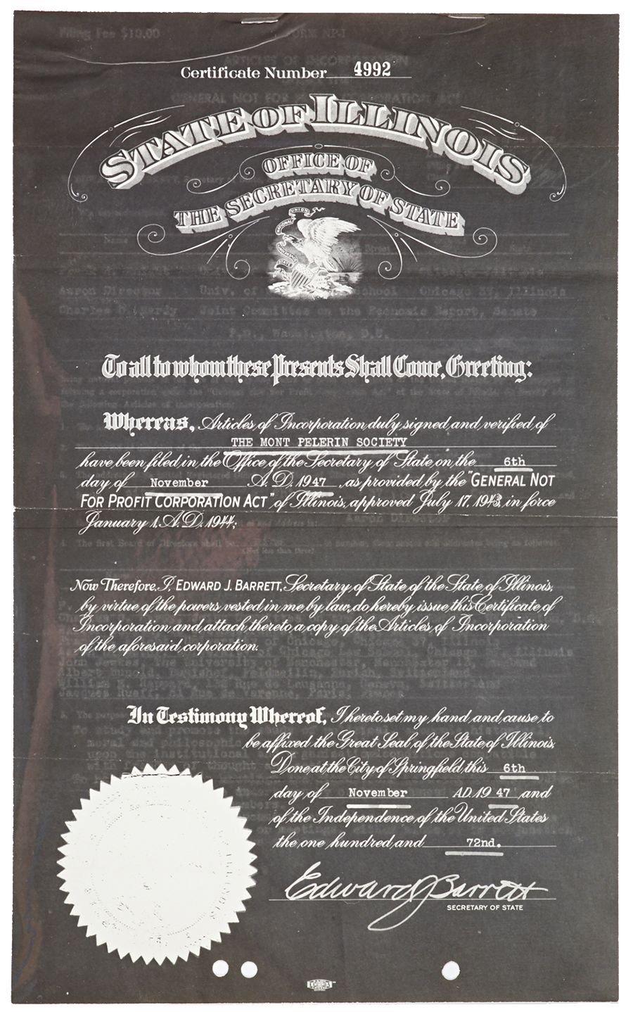 Articles of Incorporation, Mont Pelerin Society from November 6, 1947. From the Friedrich A. von Hayek Papers, Hoover Institution Archives.