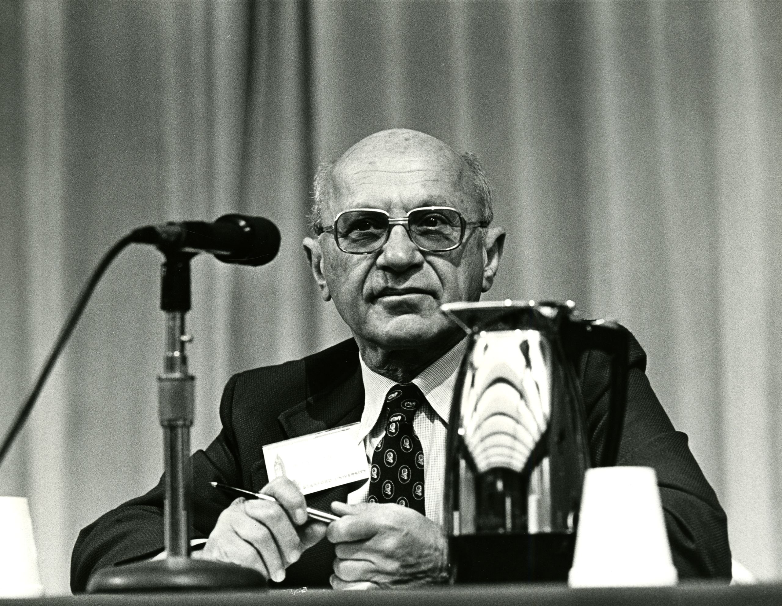 Photograph of Milton Friedman at the Mont Pelerin Society General Meeting at the Hoover Institution from 1980. From the Hoover Institution on War, Revolution and Peace Records, Hoover Institution Archives.