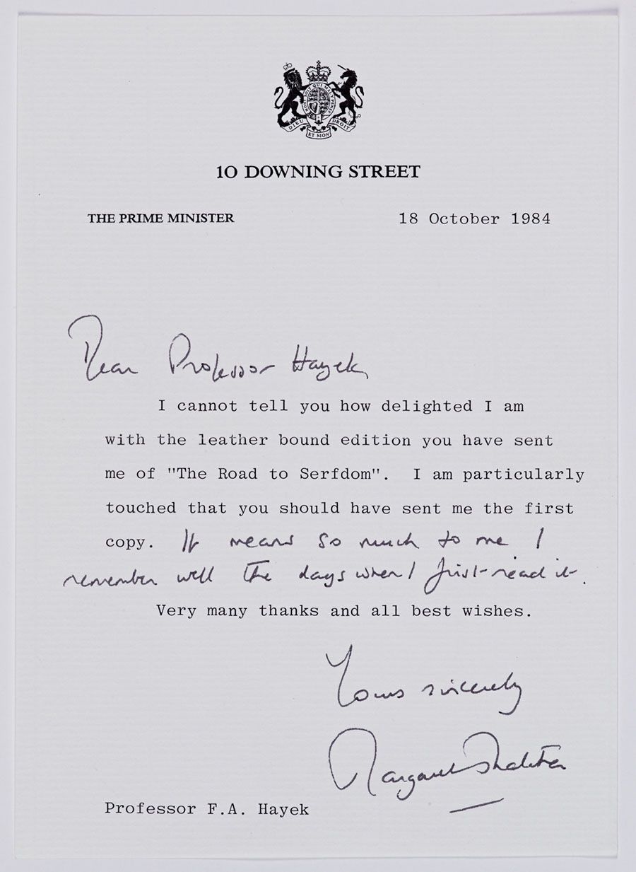 Letter from Margaret Thatcher to Friedrich von Hayek from October 18, 1984. From the Friedrich A. von Hayek Papers, Hoover Institution Archives.
