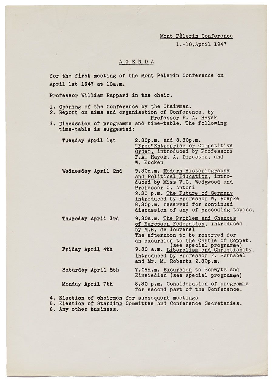 Agenda of the Mont Pelerin Conference from April 1947. From the Mont Pelerin Society Records, Hoover Institution Archives.