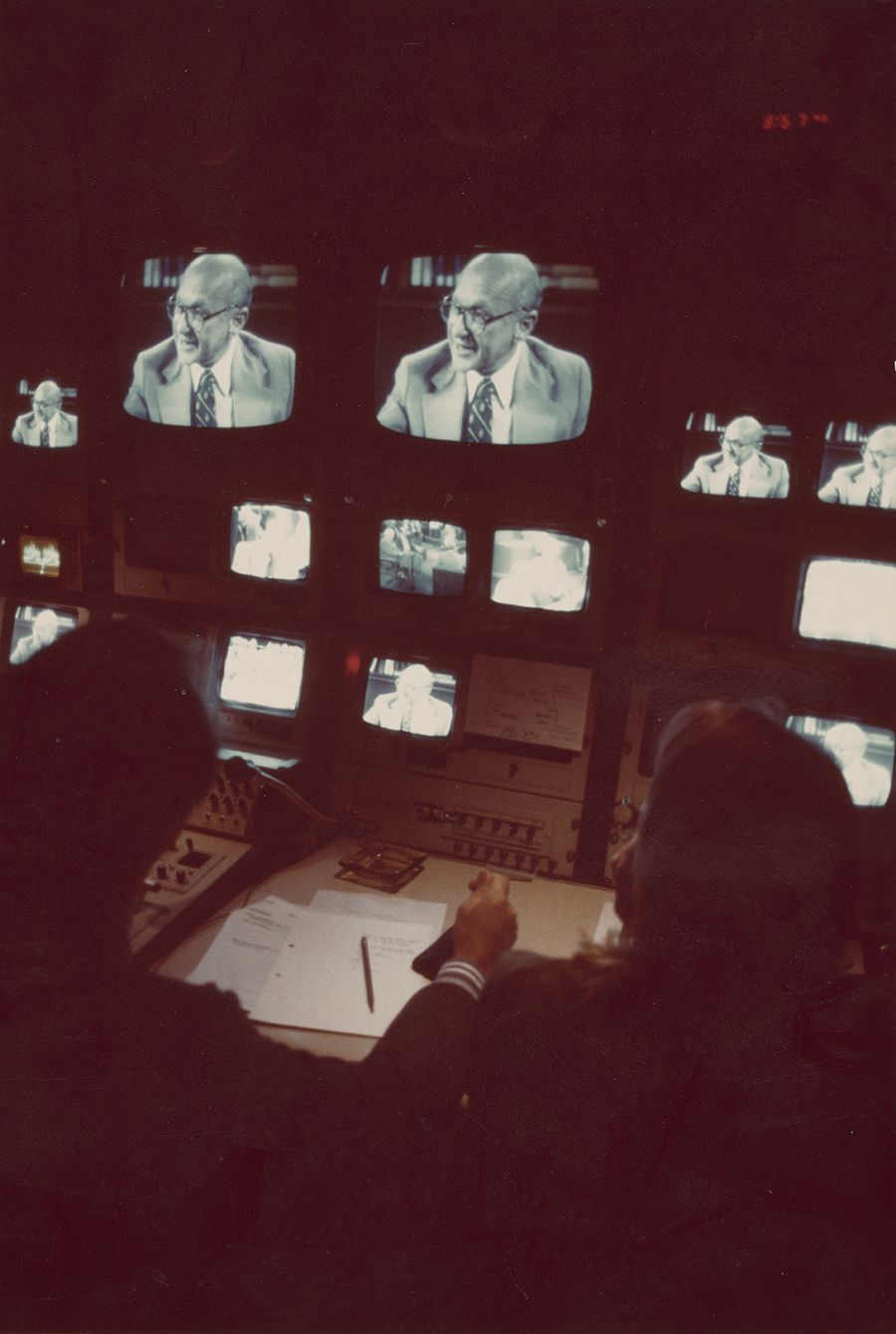 Photograph of Free to Choose television program, circa 1980. From the Milton Friedman Papers, Hoover Institution Archives.