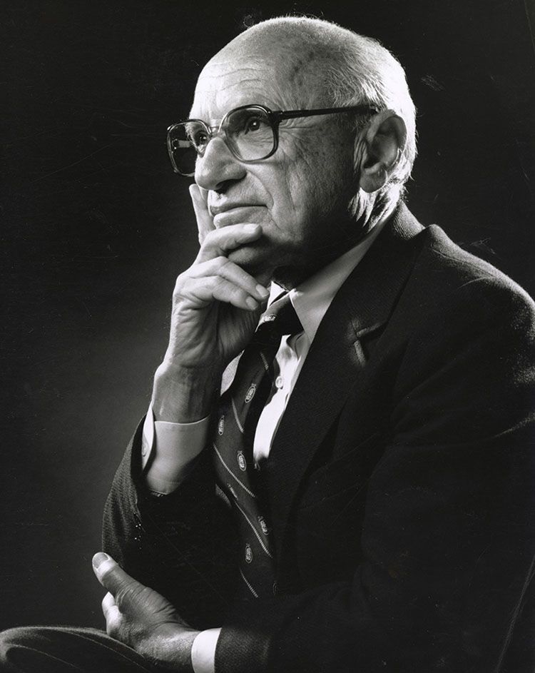 Photograph of Milton Friedman, circa 1980-1990. From the Milton Friedman Papers, Hoover Institution Archives.