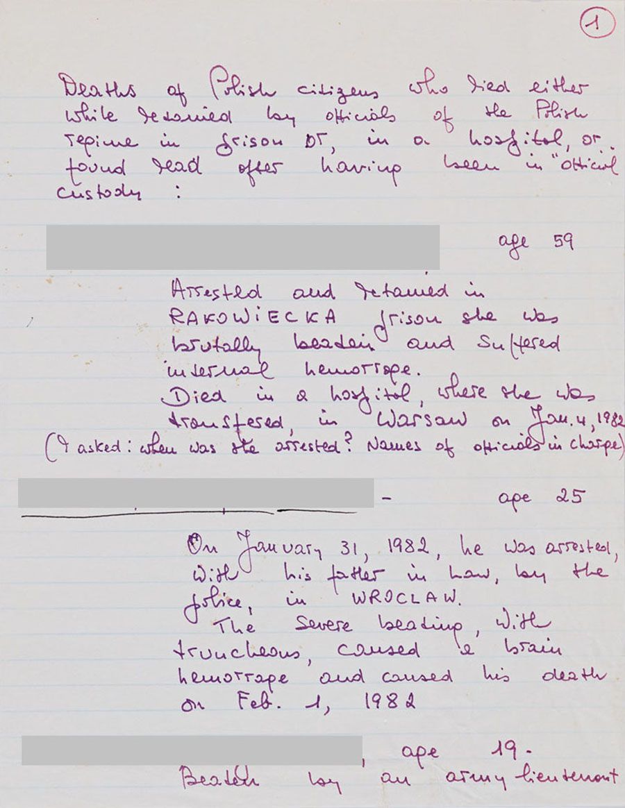 Deaths of Polish citizens who died either while detained... or found dead after having been in “official” custody [names redacted], no date. From the Ginetta Sagan Papers, Hoover Institution Archives.