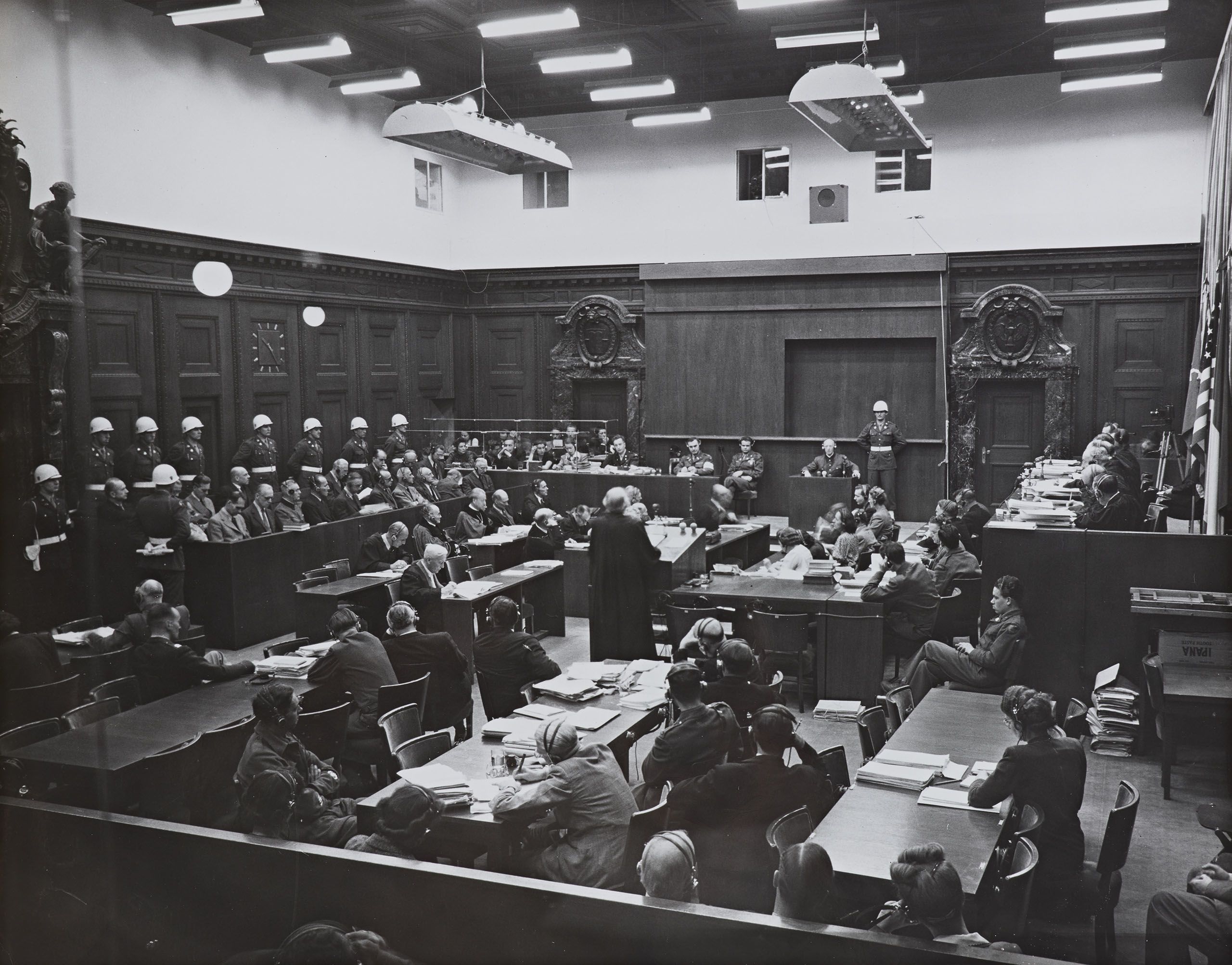 Photograph of Nuremberg trials courtroom scene, circa 1945-1946. From the Hertha Knuth Miscellany, Hoover Institution Archives.