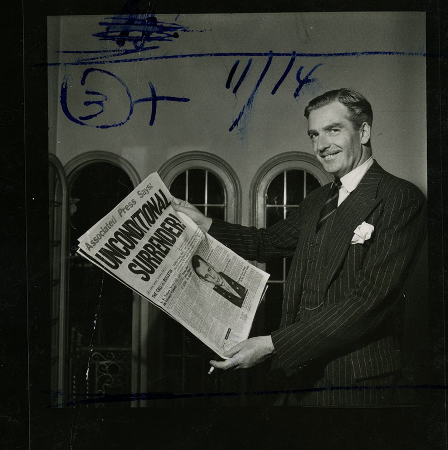 Anthony Eden reacts to news of the German surrender, 1945. From the United Nations Conference on International Organization Proceedings, Hoover Institution Archives
