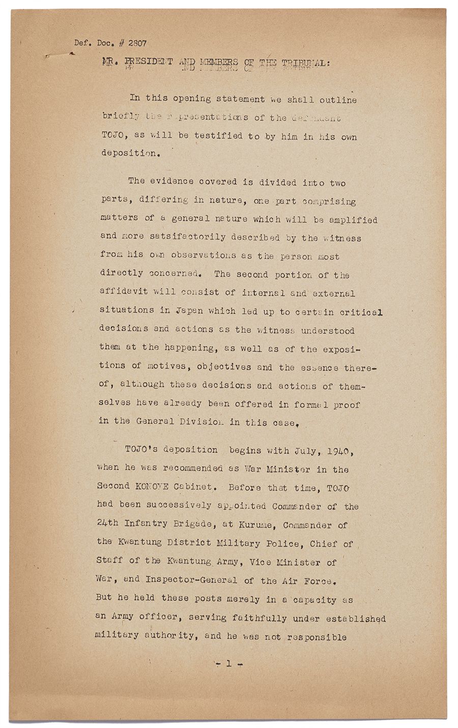 Opening Statement, Hideki Tojo, Individual Defense, December 26, 1947. From the Japanese Modern History Manuscript Collection, Hoover Institution Archives.