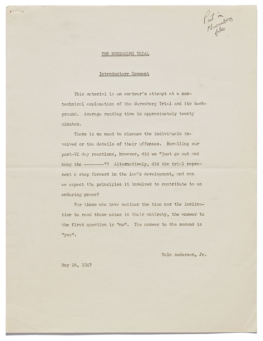 The Nuremberg Trial, Introductory Comment, by Hale Anderson, May 26, 1947. From the James B. Donovan Papers, Hoover Institution Archives.
