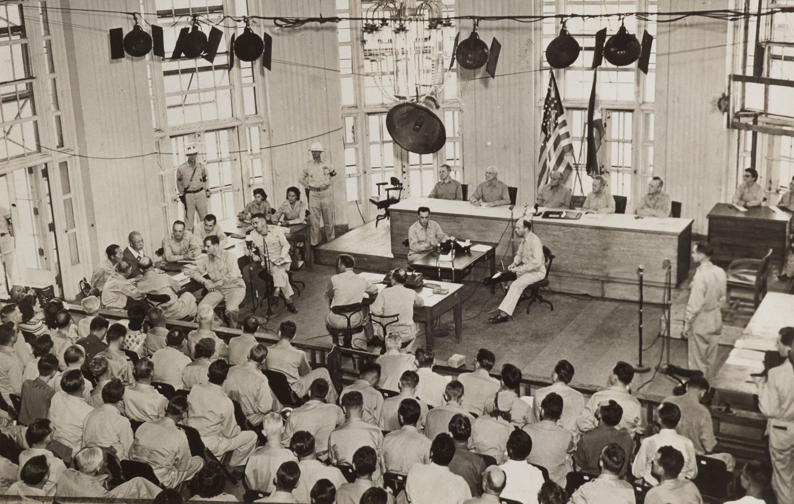 Photograph of Japanese General Yamashita arraigned as war criminal, circa 1945-1946. From the International Military Tribunal for the Far East Records, Hoover Institution Archives.