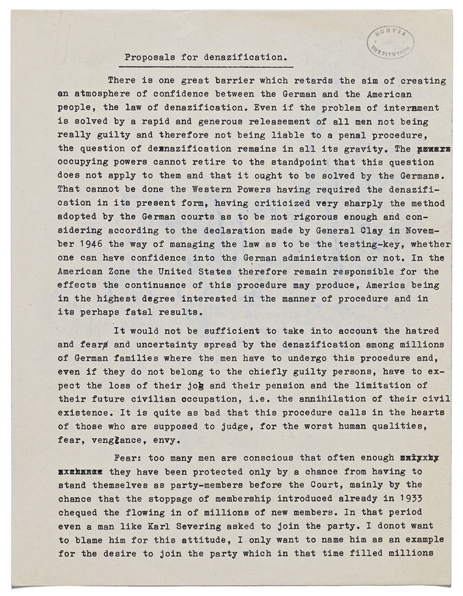 Proposals for Denazification, 1947. From the William Russell Philp Collection, Hoover Institution Archives.
