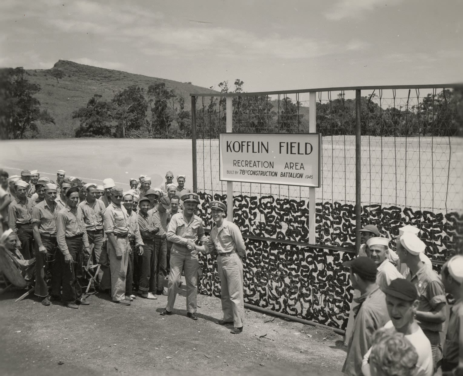 Black and white photograph of the dedication of Kofflin Field Recreation Area, New Caledonia, 1945.