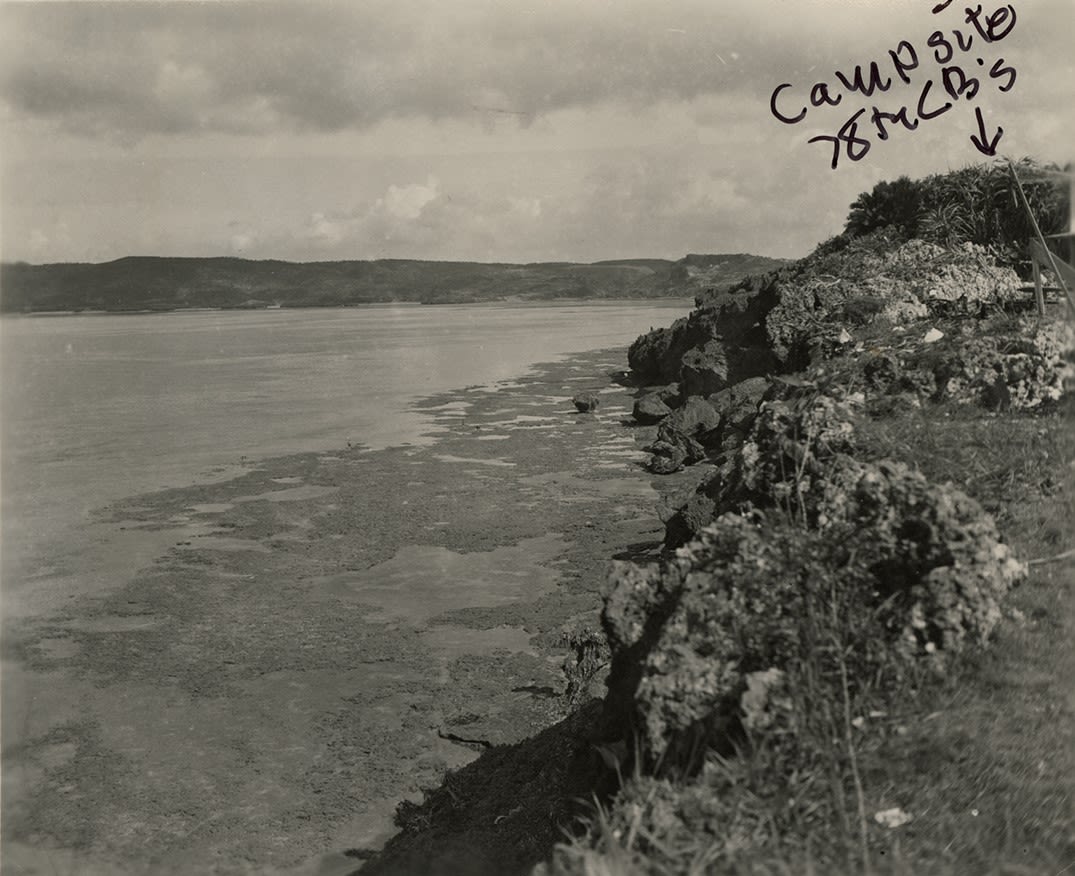 Black and white photograph of the north eastern coast of Bolo Point (looking south) showing the edge of the 78th Seabees' campsite, Okinawa, 1945. 