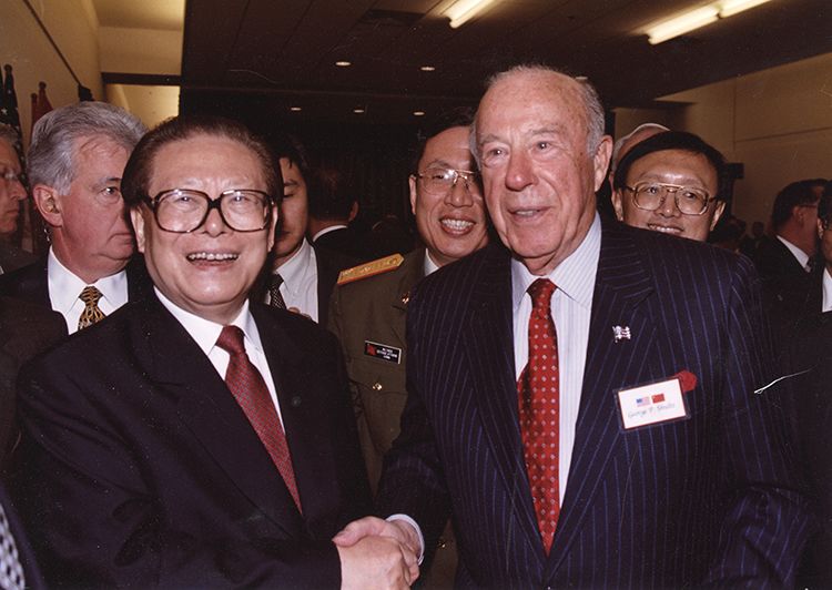 Color photograph of Jiang Zemin, President of the People’s Republic of China, greeted by George Shult in San Francisco, California. October 28, 2002 From the George Pratt Shultz Papers, Hoover Institution Archives