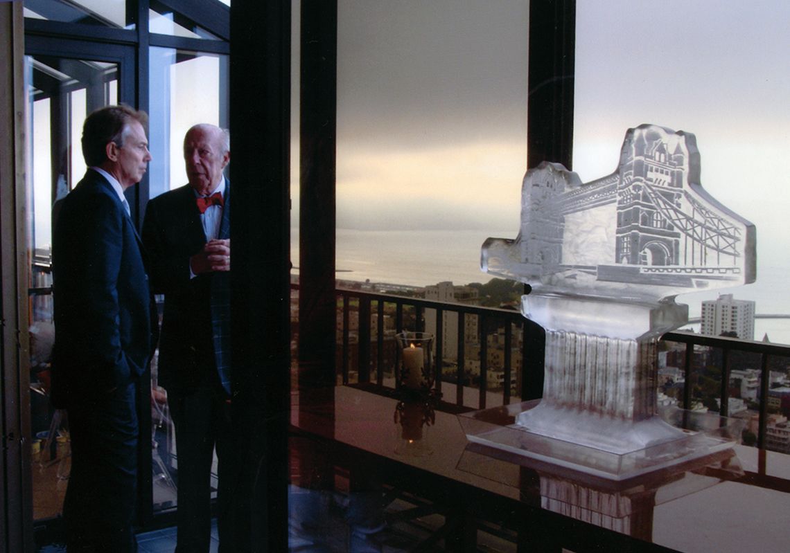 Color photograph of Prime Minister Tony Blair with George Shultz. July 29, 2006 From the George Pratt Shultz Papers, Hoover Institution Archives