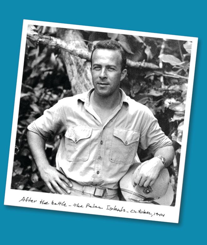 Black and white photograph of George P. Shultz captioned After the battle - the Palau Islands - October, 1944 From the George Pratt Shultz Papers, Hoover Institution Archives
