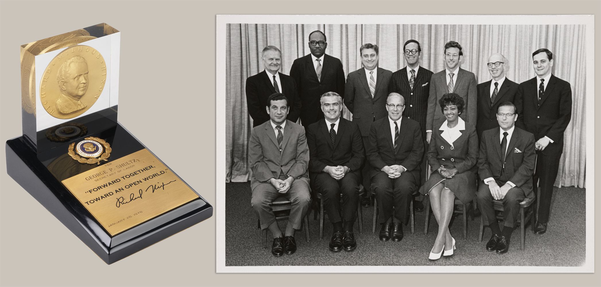 Color photograph of Recognition award given to President Nixon's Cabinet members at a private dinner on January 20, 1970 (left) and a photograph of the Department of Labor staff, with Secretary of Labor George Shultz seated at center, circa 1969, George P. Shultz papers, Hoover Institution Library & Archives