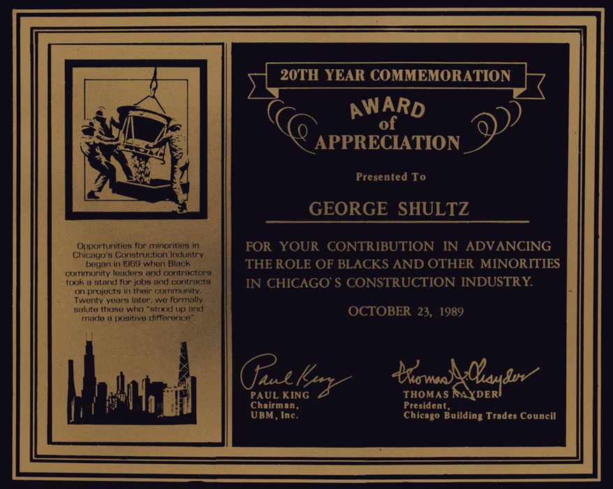 Color detail of the 20th Year Commemoration Award of Appreciation presented to George Shultz by UBM, Inc. and Chicago Building Trades Council, October 23, 1989. George P. Shultz papers.  